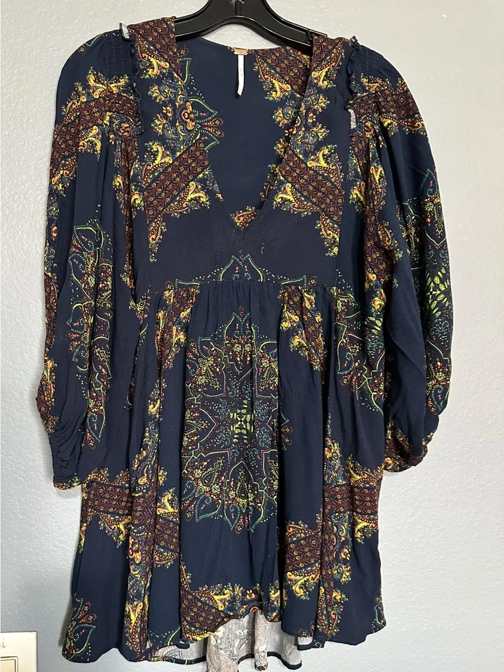 FREE PEOPLE BLUE & GREEN FLORAL PAISLEY BALLOON SLEEVES TUNIC MINI DRESS BOHO